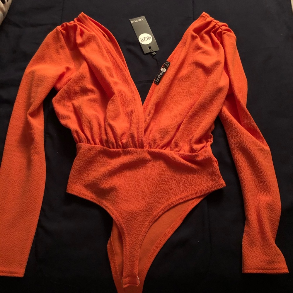 NWT Orange Long Sleeve Plunge Bodysuit